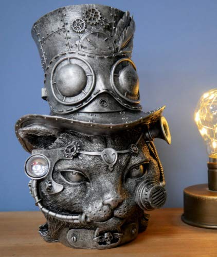 Casadomu Steampunk Cat Head Gothic Feline Sculpture Mechanical Kitten Top Hat Ornament Decorative Accessories