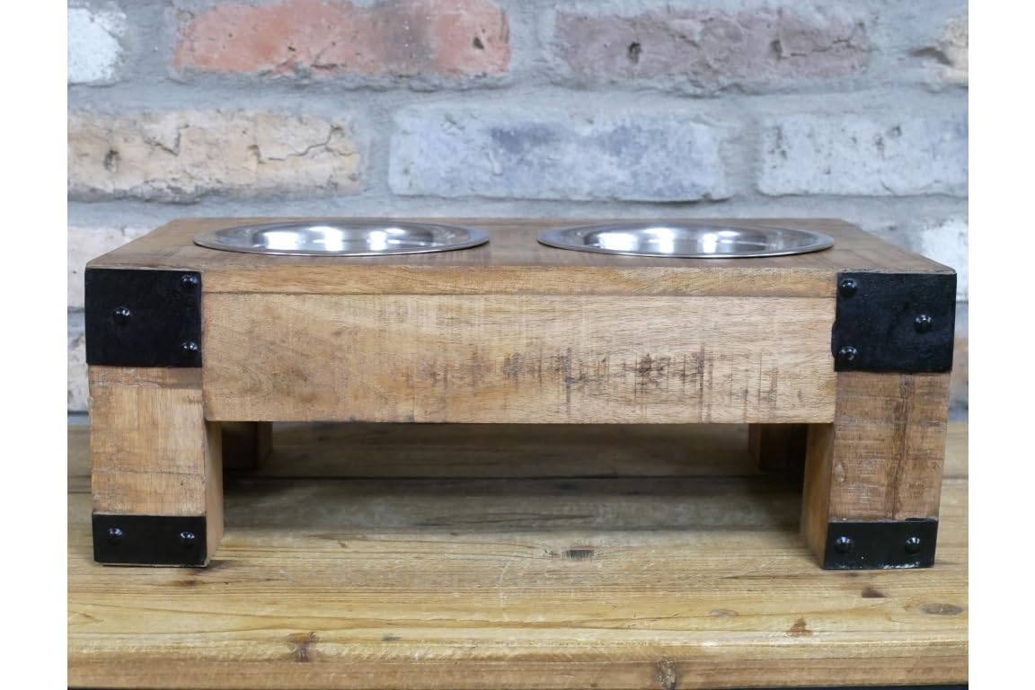 Wooden Raised Double Dog Bowl Stand, 2 Stainless Steel Bowls
