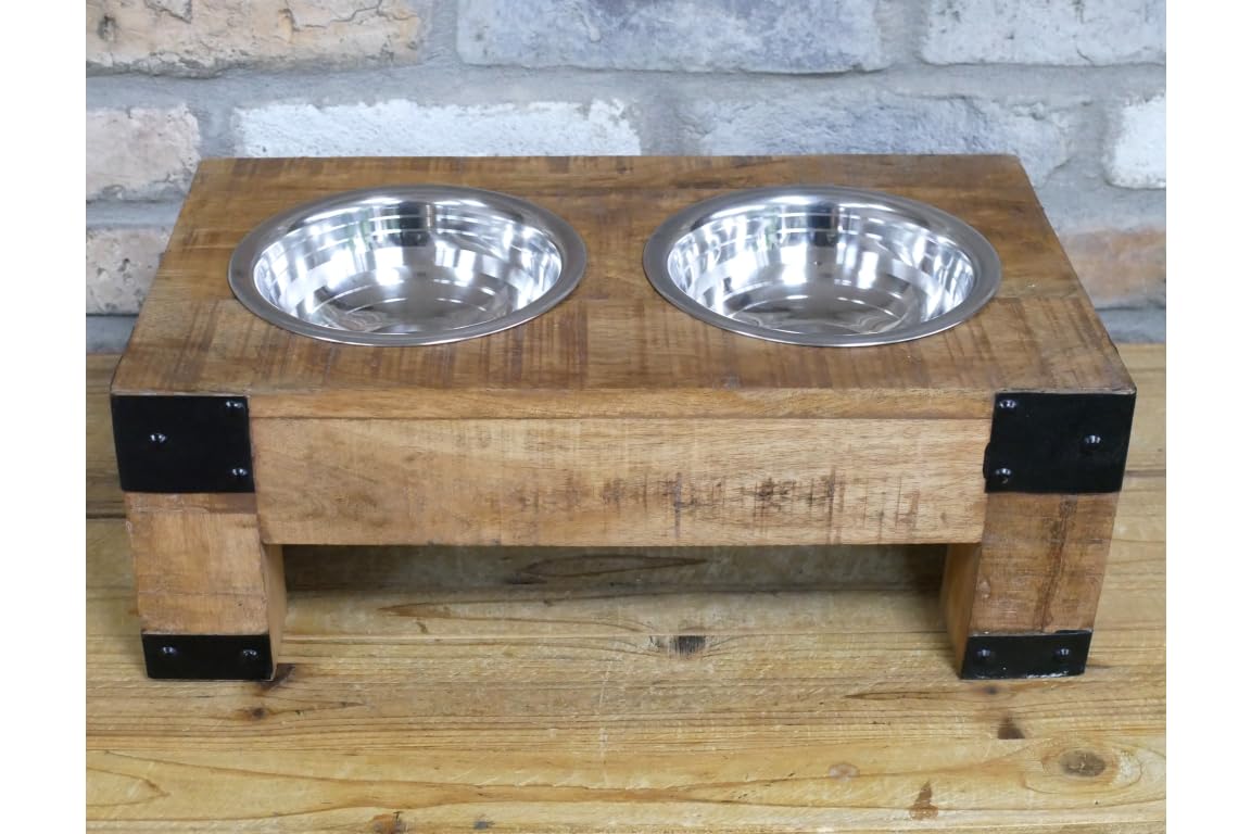 Wooden Raised Double Dog Bowl Stand, 2 Stainless Steel Bowls