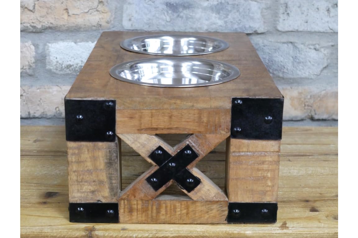 Wooden Raised Double Dog Bowl Stand, 2 Stainless Steel Bowls