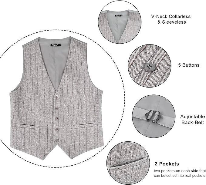 Mens Business Dress Tweed Suit Vest Regular Fit Waistcoat V Neck