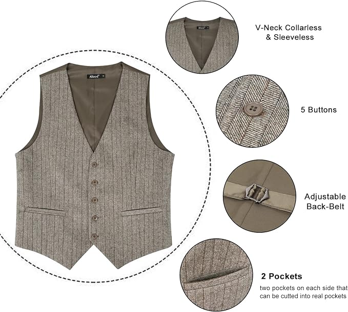 Mens Business Dress Tweed Suit Vest Regular Fit Waistcoat V Neck