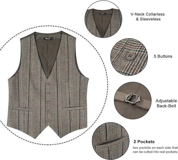 Mens Business Dress Tweed Suit Vest Regular Fit Waistcoat V Neck
