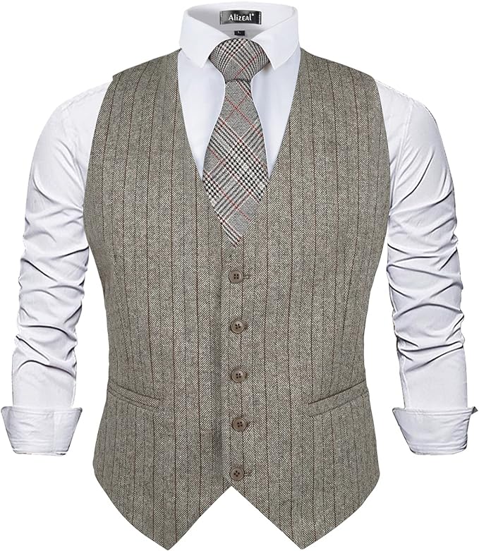 Mens Business Dress Tweed Suit Vest Regular Fit Waistcoat V Neck