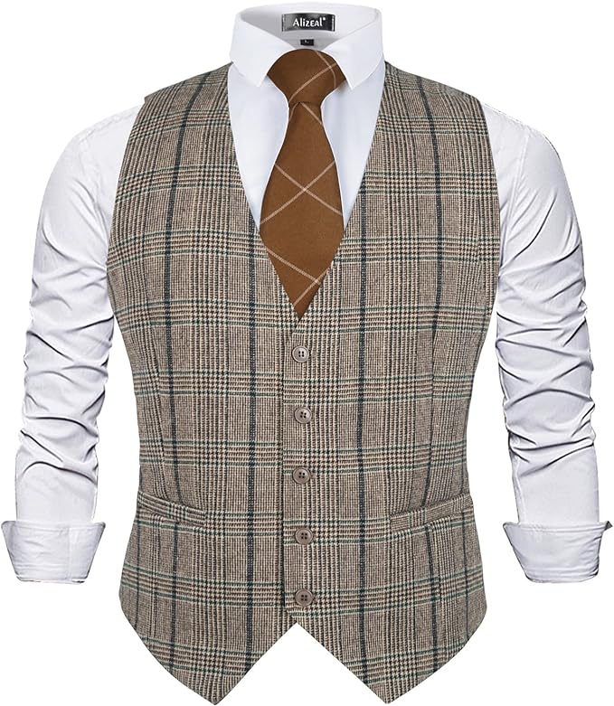 Mens Business Dress Tweed Suit Vest Regular Fit Waistcoat V Neck