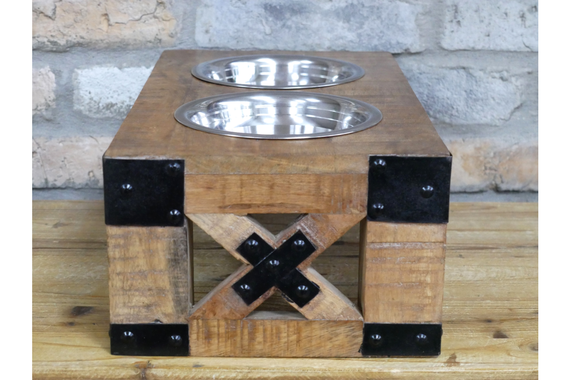 Twin Dog Bowl Solid Wood- Metal Brackets Includes 2x Stainless Bowls Rustic