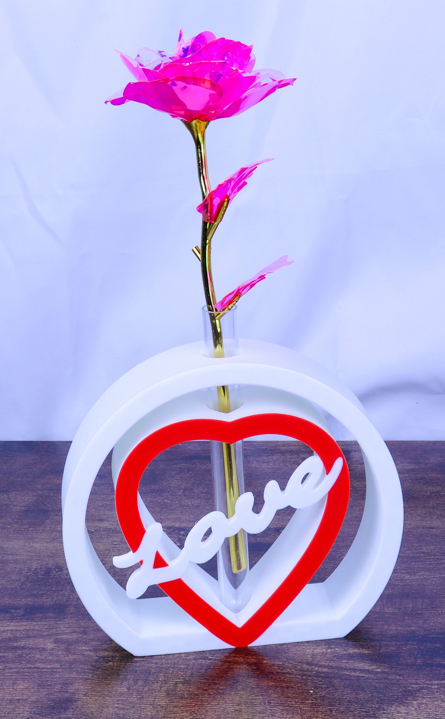 Love Heart Single Rose Vase, White and Red with Artificial Rose- Various Colours