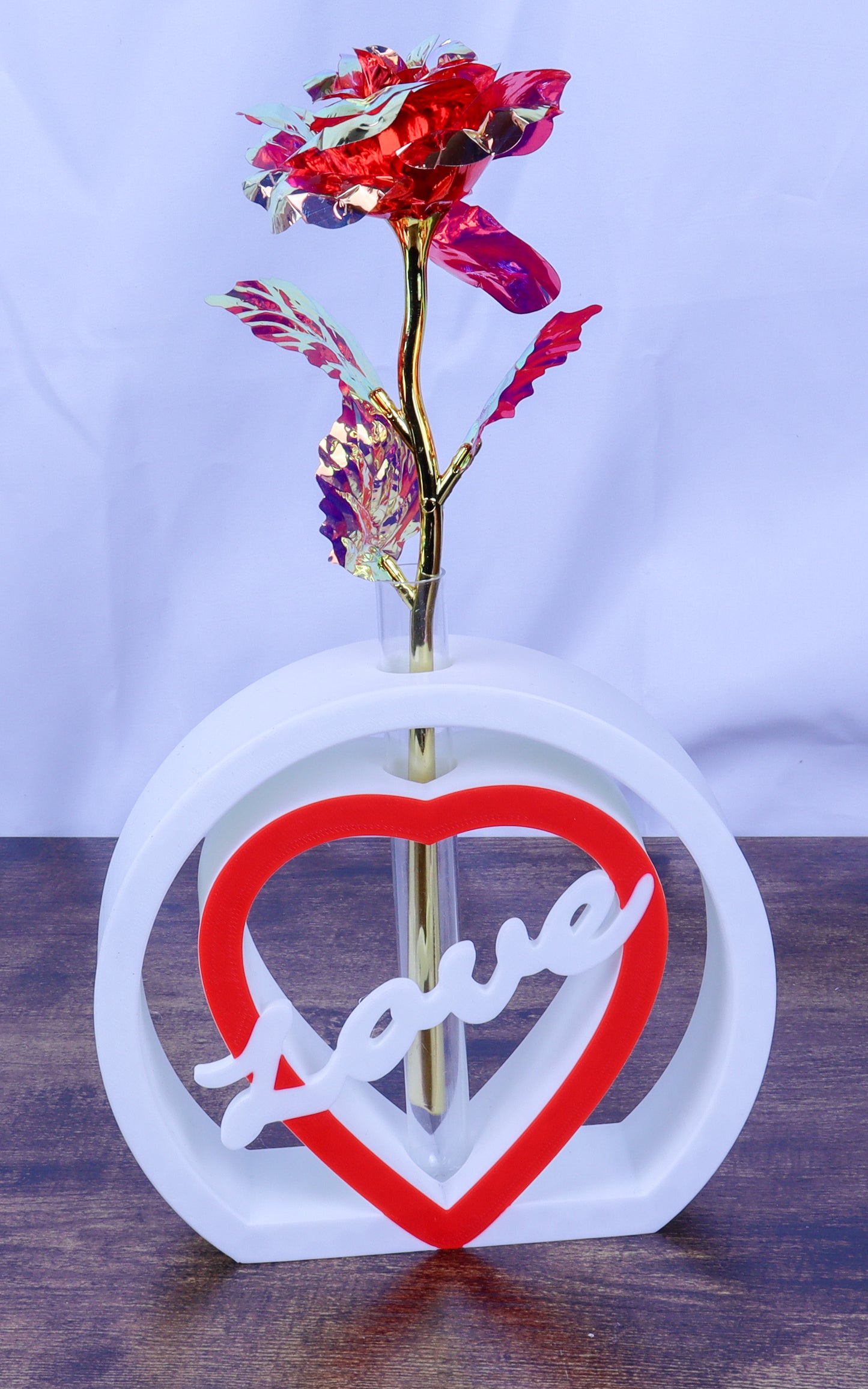 Love Heart Single Rose Vase, White and Red with Artificial Rose- Various Colours