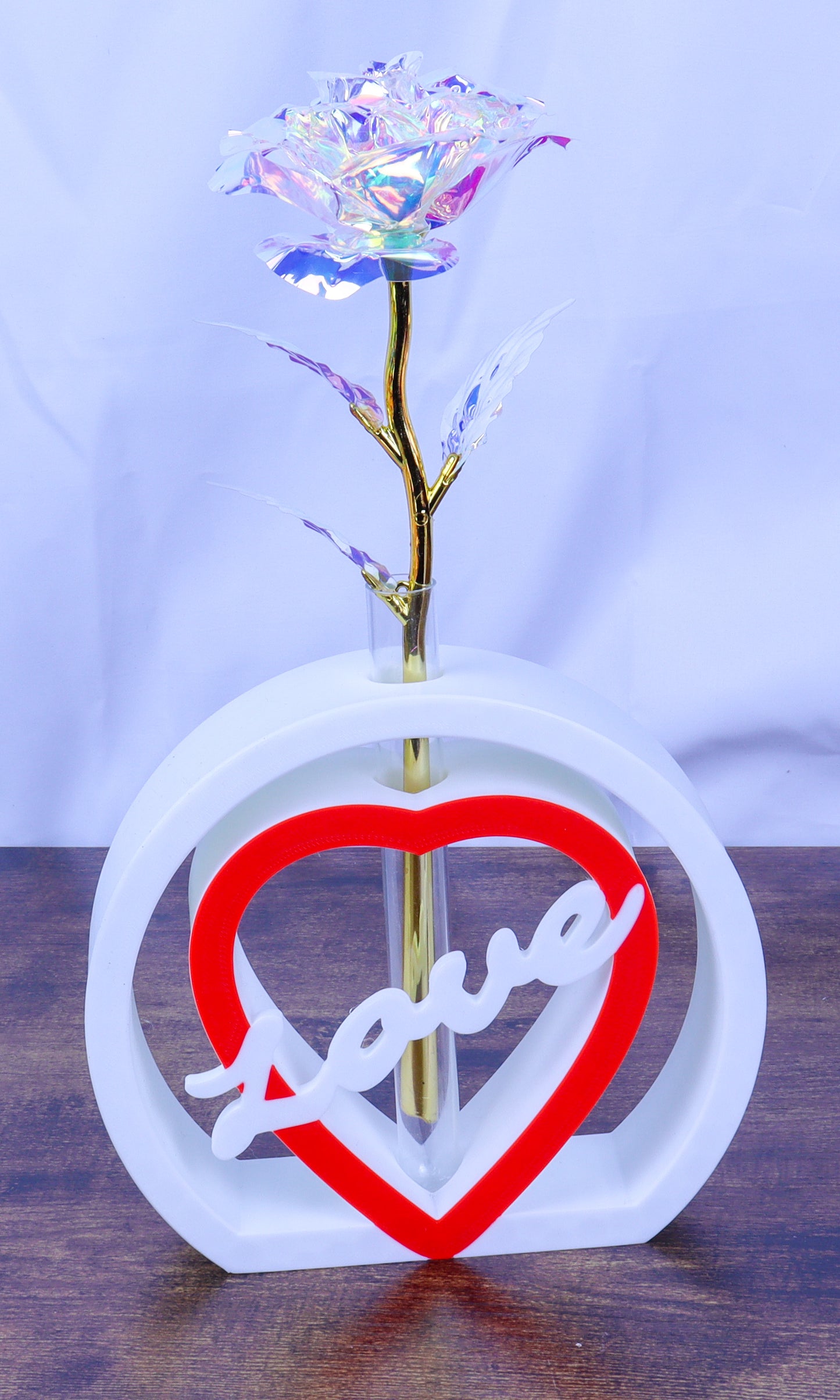 Love Heart Single Rose Vase, White and Red with Artificial Rose- Various Colours