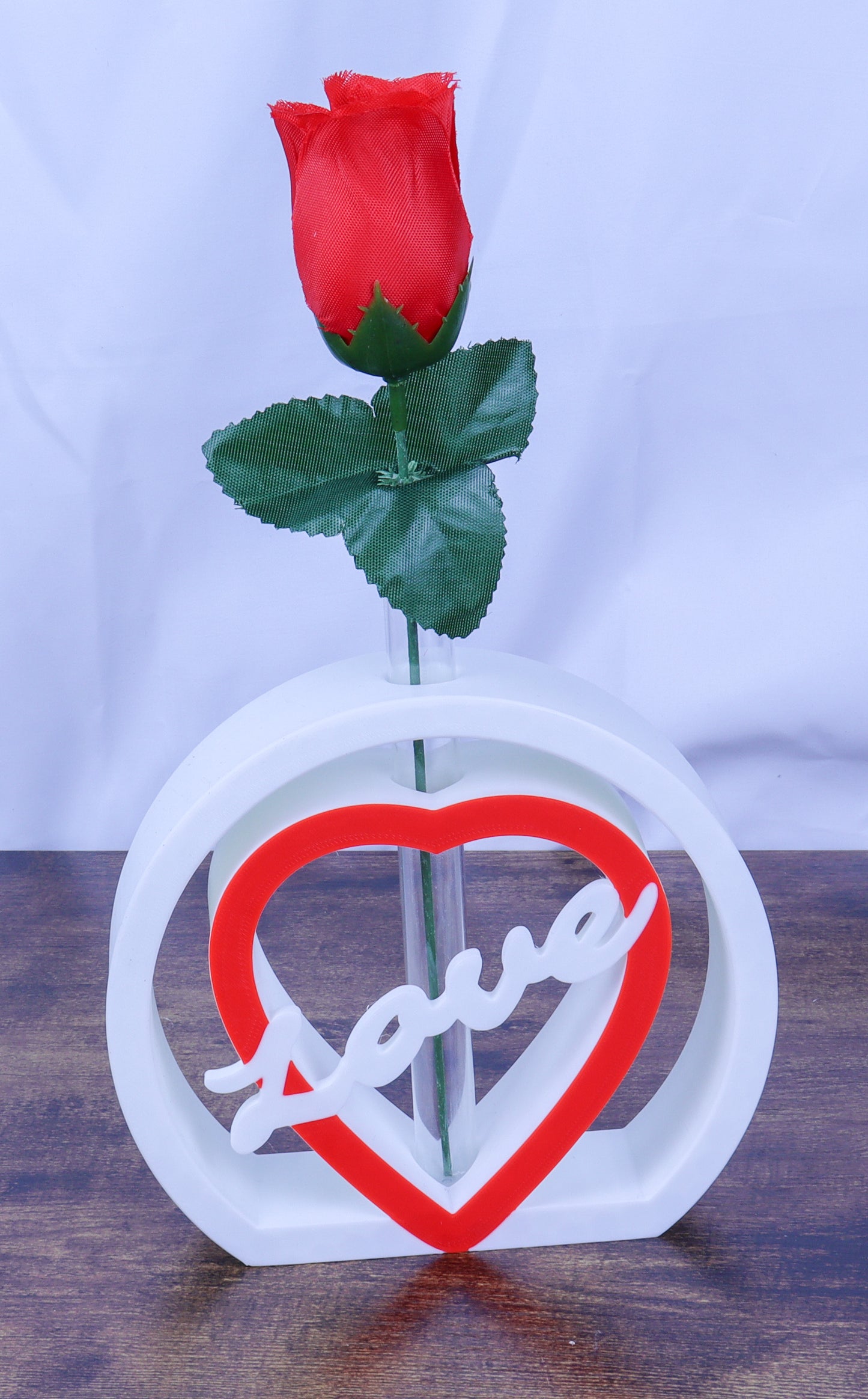 Love Heart Single Rose Vase, White and Red with Artificial Rose- Various Colours