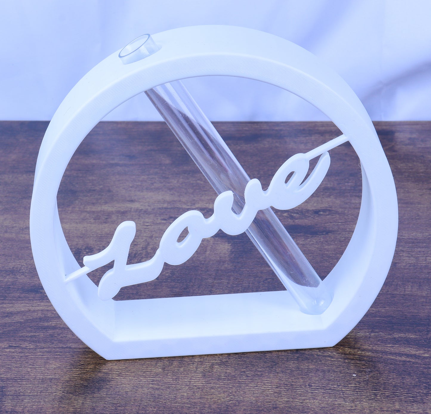 Modern Love Sign Bud Vase with Artificial Rose, White Circular Stand- Various Colours