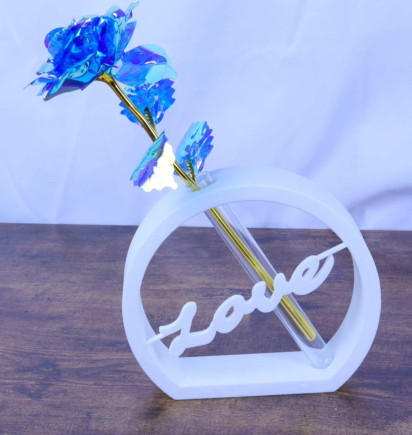 Modern Love Sign Bud Vase with Artificial Rose, White Circular Stand- Various Colours