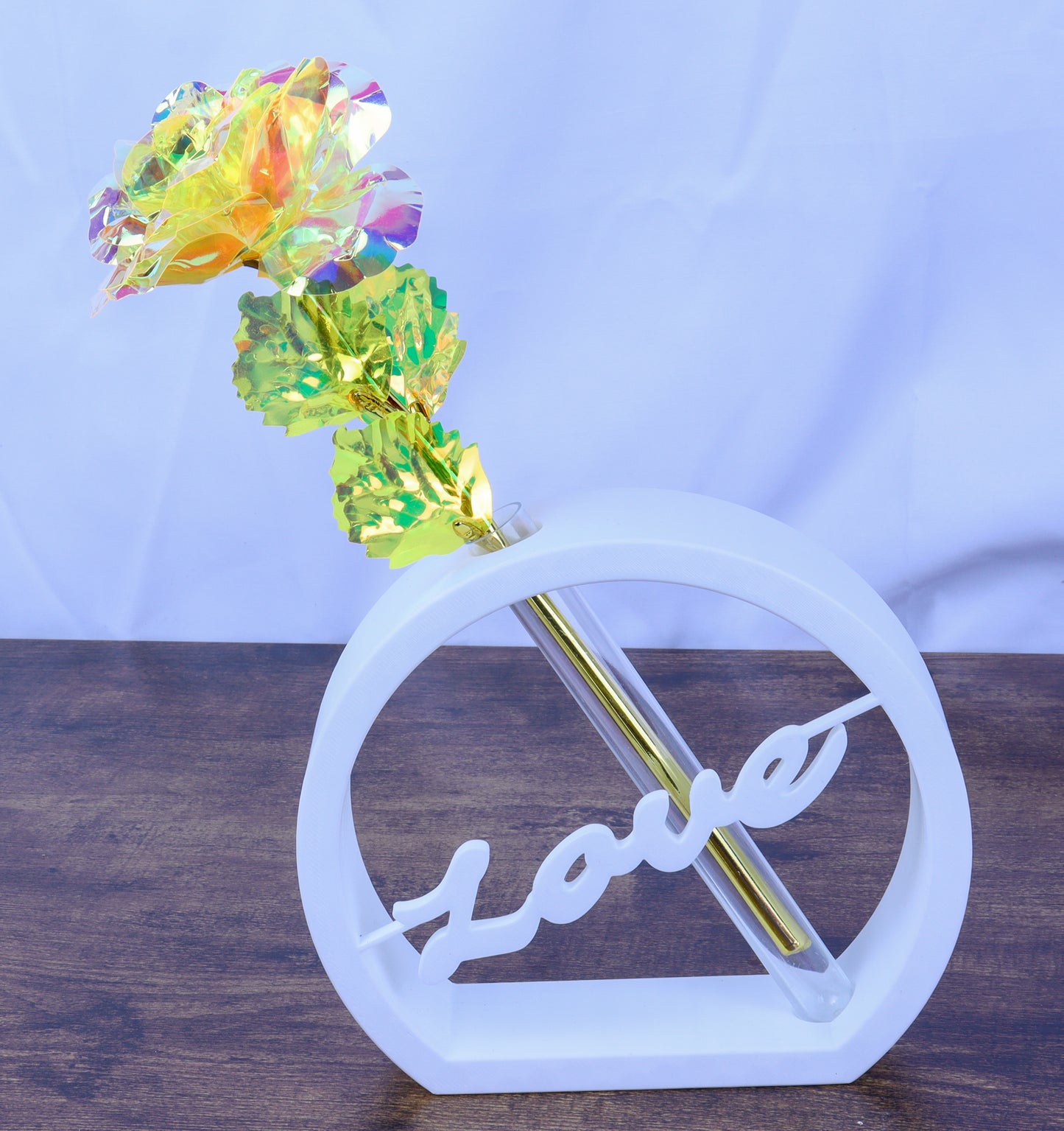 Modern Love Sign Bud Vase with Artificial Rose, White Circular Stand- Various Colours