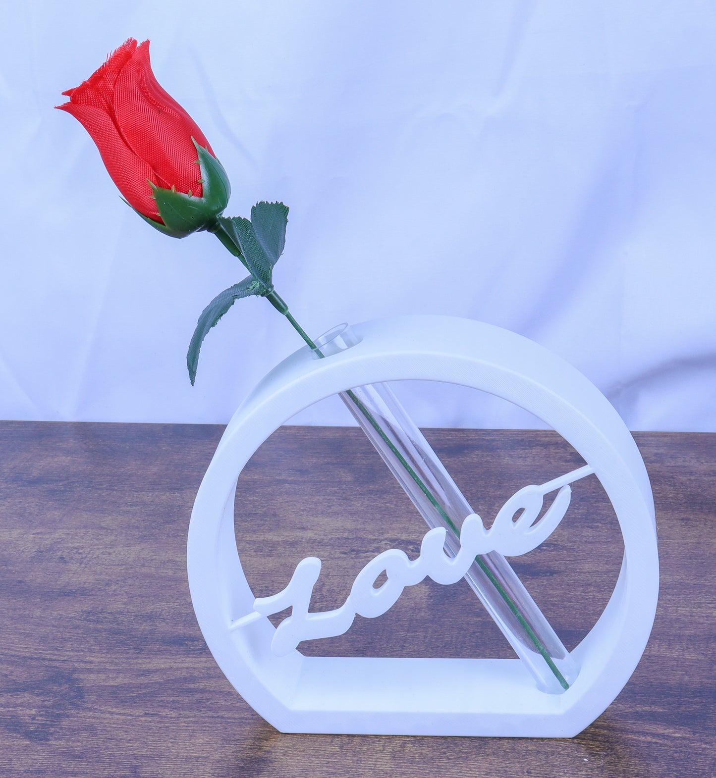 Modern Love Sign Bud Vase with Artificial Rose, White Circular Stand- Various Colours