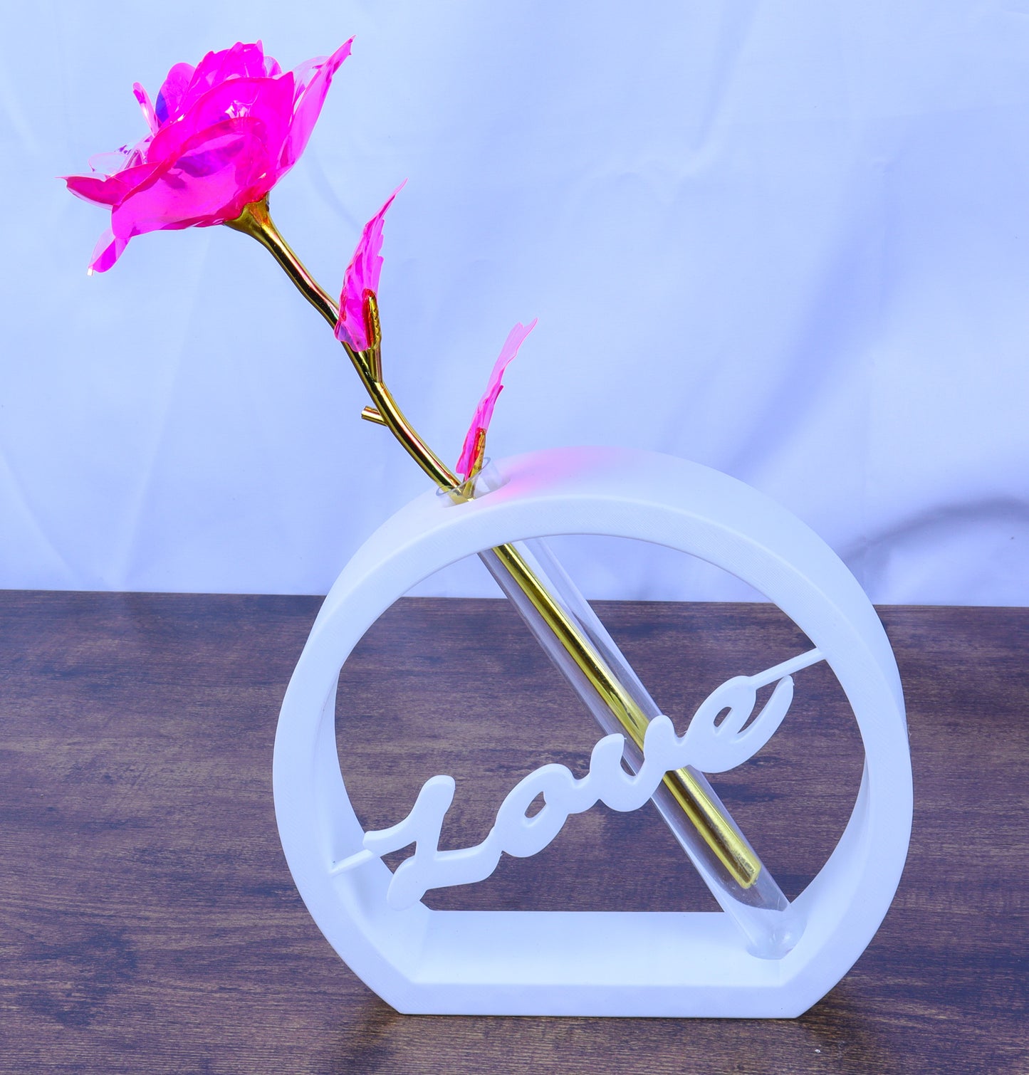 Modern Love Sign Bud Vase with Artificial Rose, White Circular Stand- Various Colours