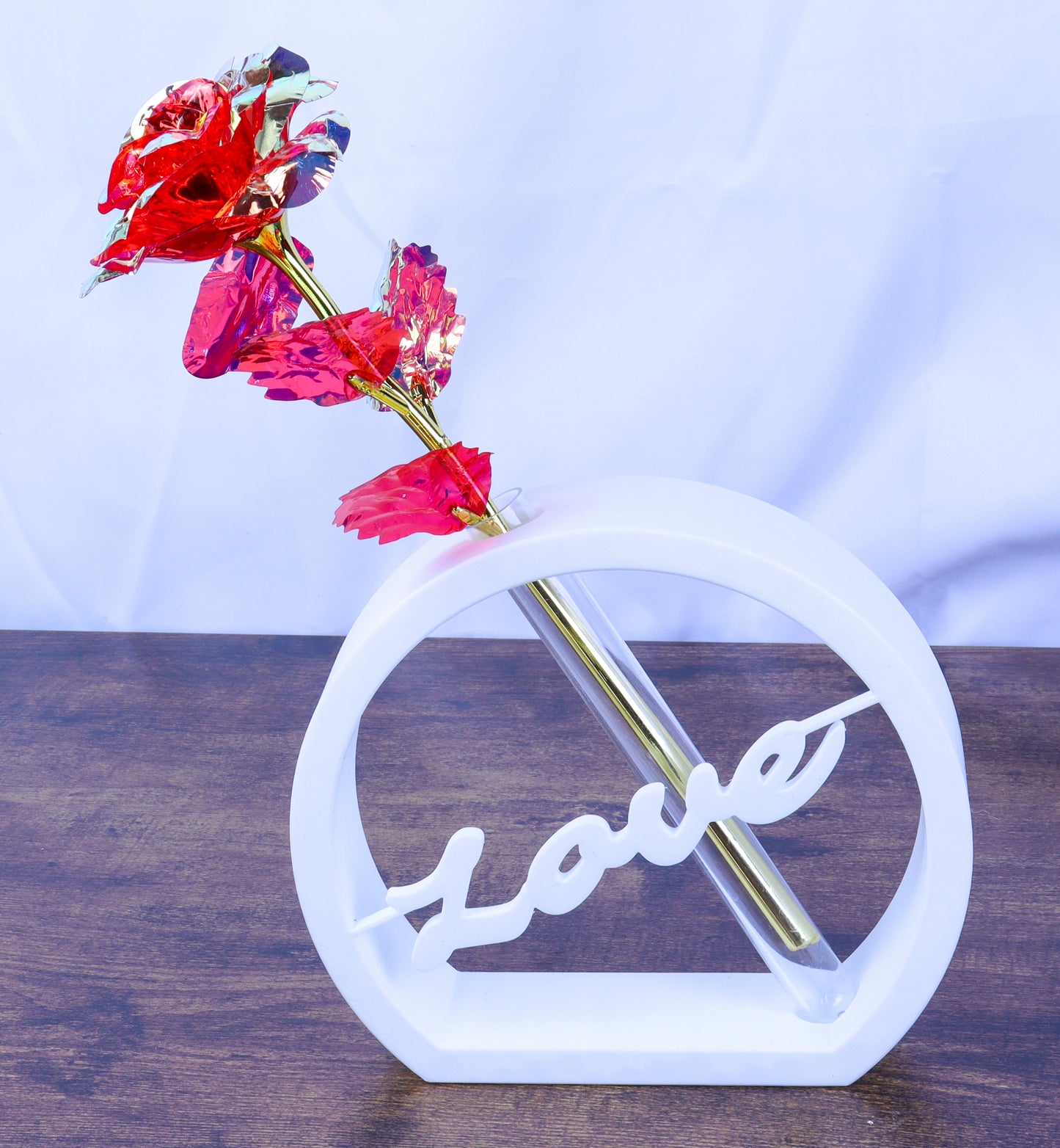 Modern Love Sign Bud Vase with Artificial Rose, White Circular Stand- Various Colours