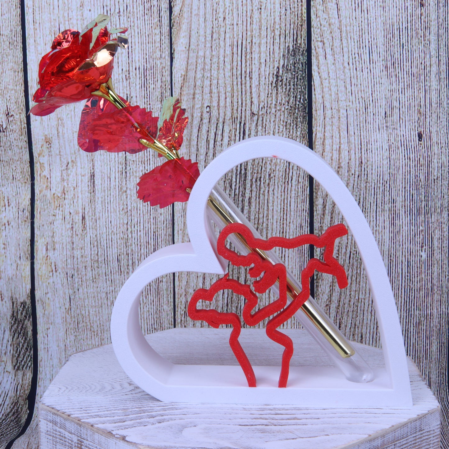 Romantic Heart-Shaped Flower Vase Display Stand with Mother and Baby Design, Red and White, Artificial Galaxy Rose Included