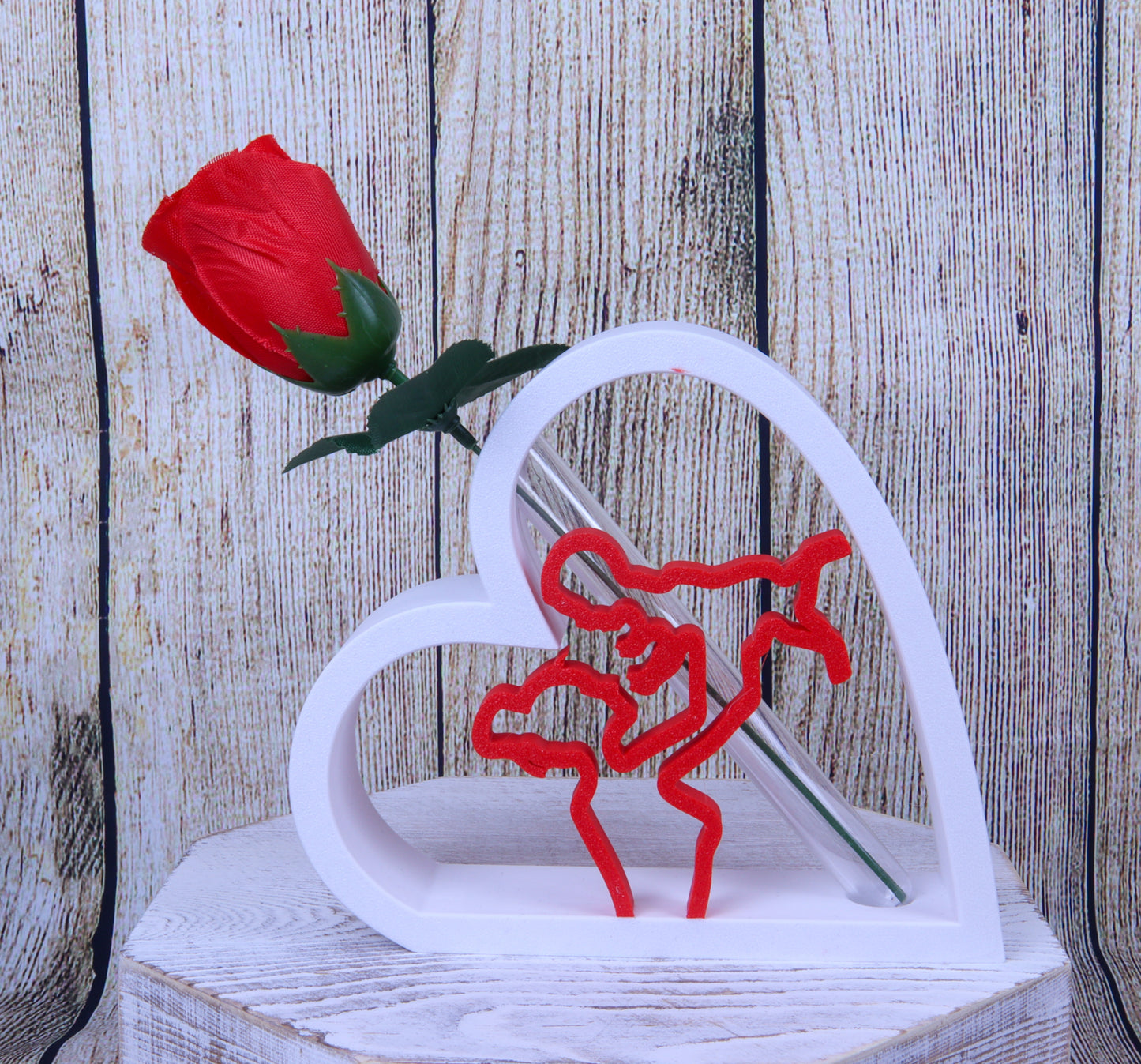 Romantic Heart-Shaped Flower Vase Display Stand with Mother and Baby Design, Red and White, Artificial Galaxy Rose Included