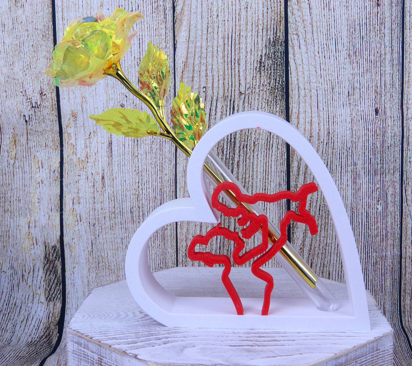Romantic Heart-Shaped Flower Vase Display Stand with Mother and Baby Design, Red and White, Artificial Galaxy Rose Included