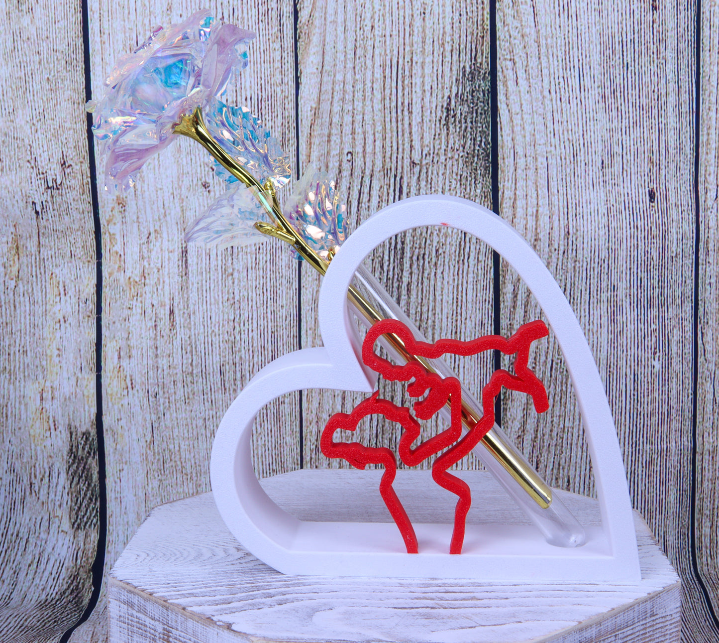 Romantic Heart-Shaped Flower Vase Display Stand with Mother and Baby Design, Red and White, Artificial Galaxy Rose Included