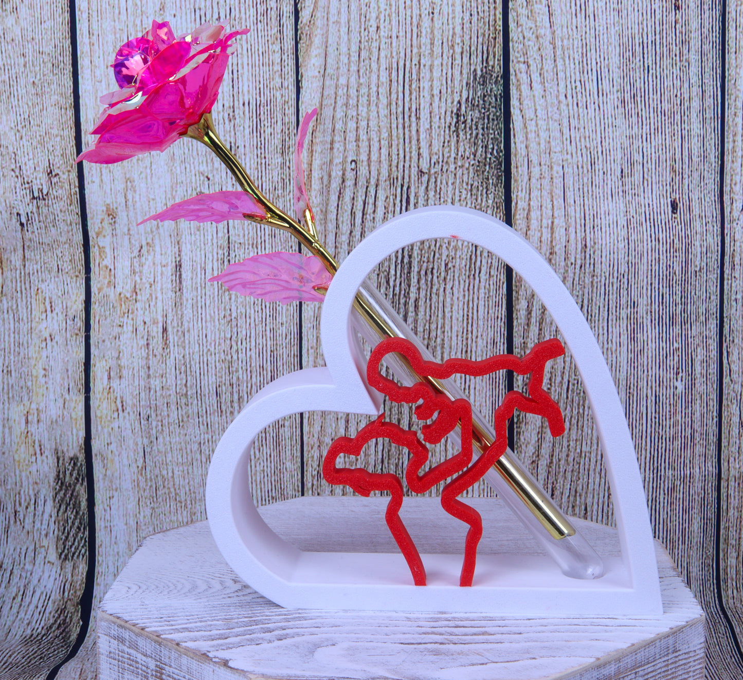 Romantic Heart-Shaped Flower Vase Display Stand with Mother and Baby Design, Red and White, Artificial Galaxy Rose Included