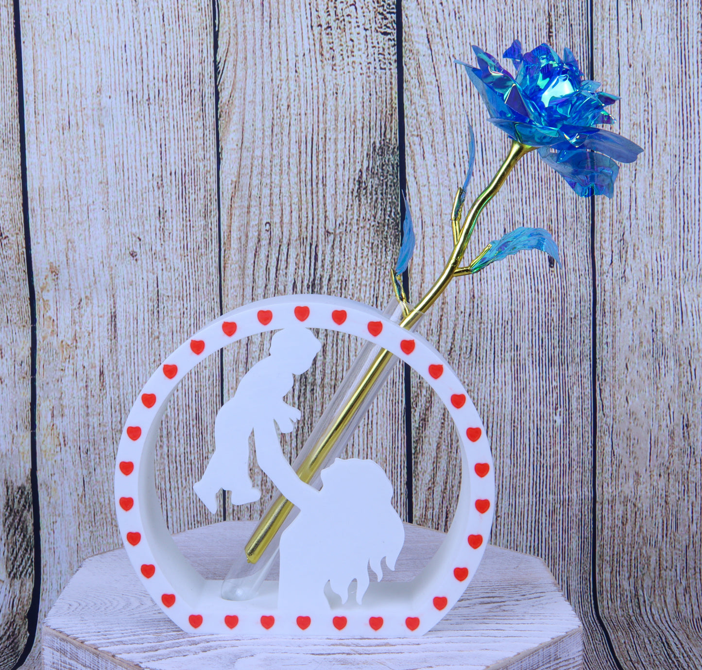 Mother and Child Silhouette Vase with Heart Border, White Decorative Flower Holder, Artificial Galaxy Rose