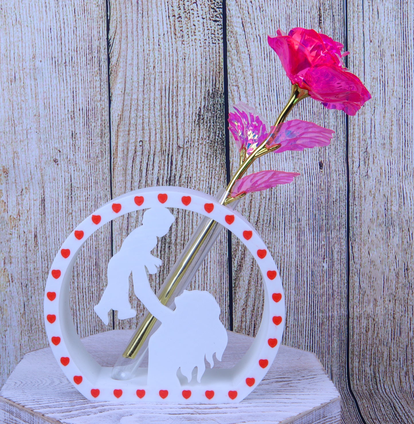 Mother and Child Silhouette Vase with Heart Border, White Decorative Flower Holder, Artificial Galaxy Rose