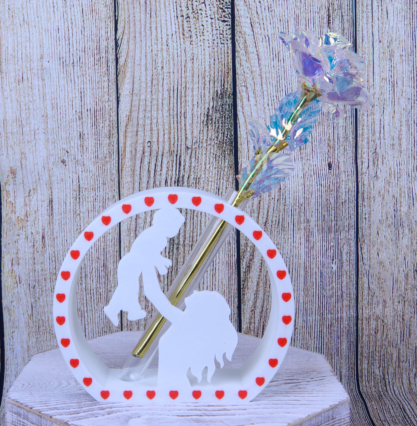Mother and Child Silhouette Vase with Heart Border, White Decorative Flower Holder, Artificial Galaxy Rose