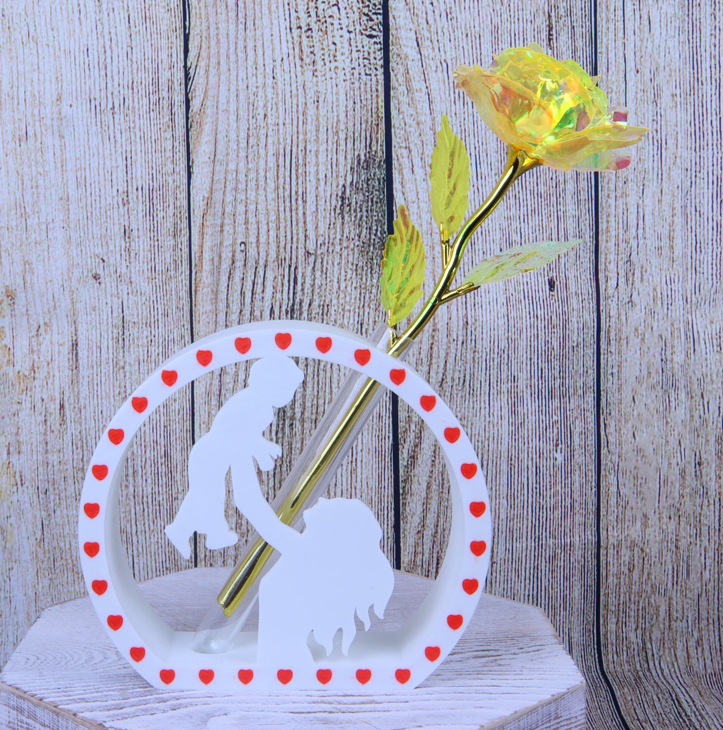 Mother and Child Silhouette Vase with Heart Border, White Decorative Flower Holder, Artificial Galaxy Rose