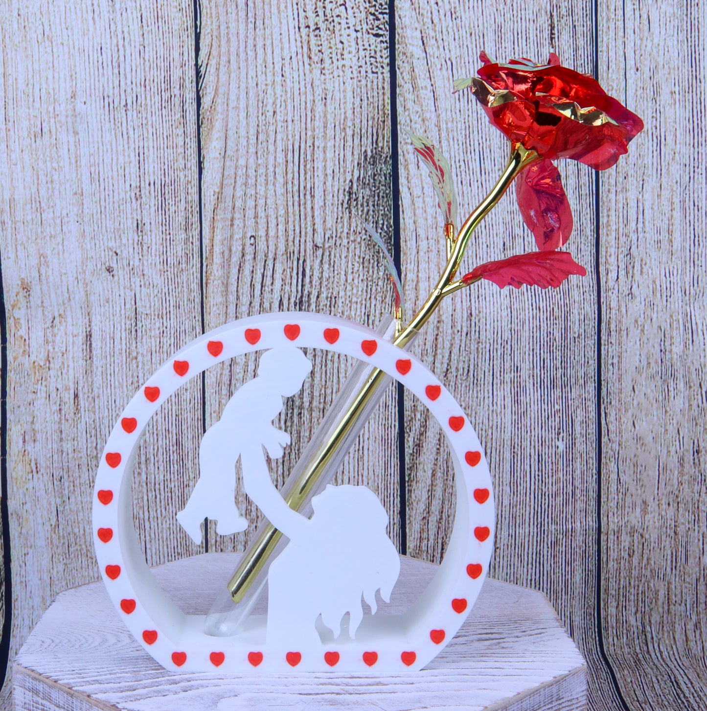 Mother and Child Silhouette Vase with Heart Border, White Decorative Flower Holder, Artificial Galaxy Rose