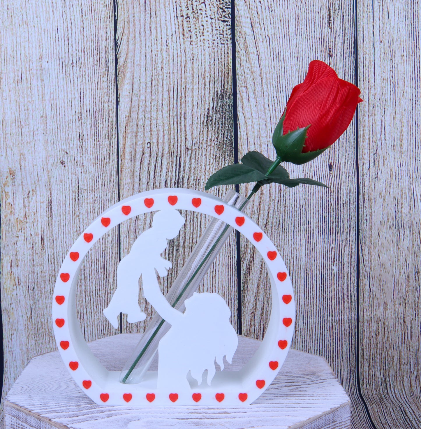 Mother and Child Silhouette Vase with Heart Border, White Decorative Flower Holder, Artificial Galaxy Rose