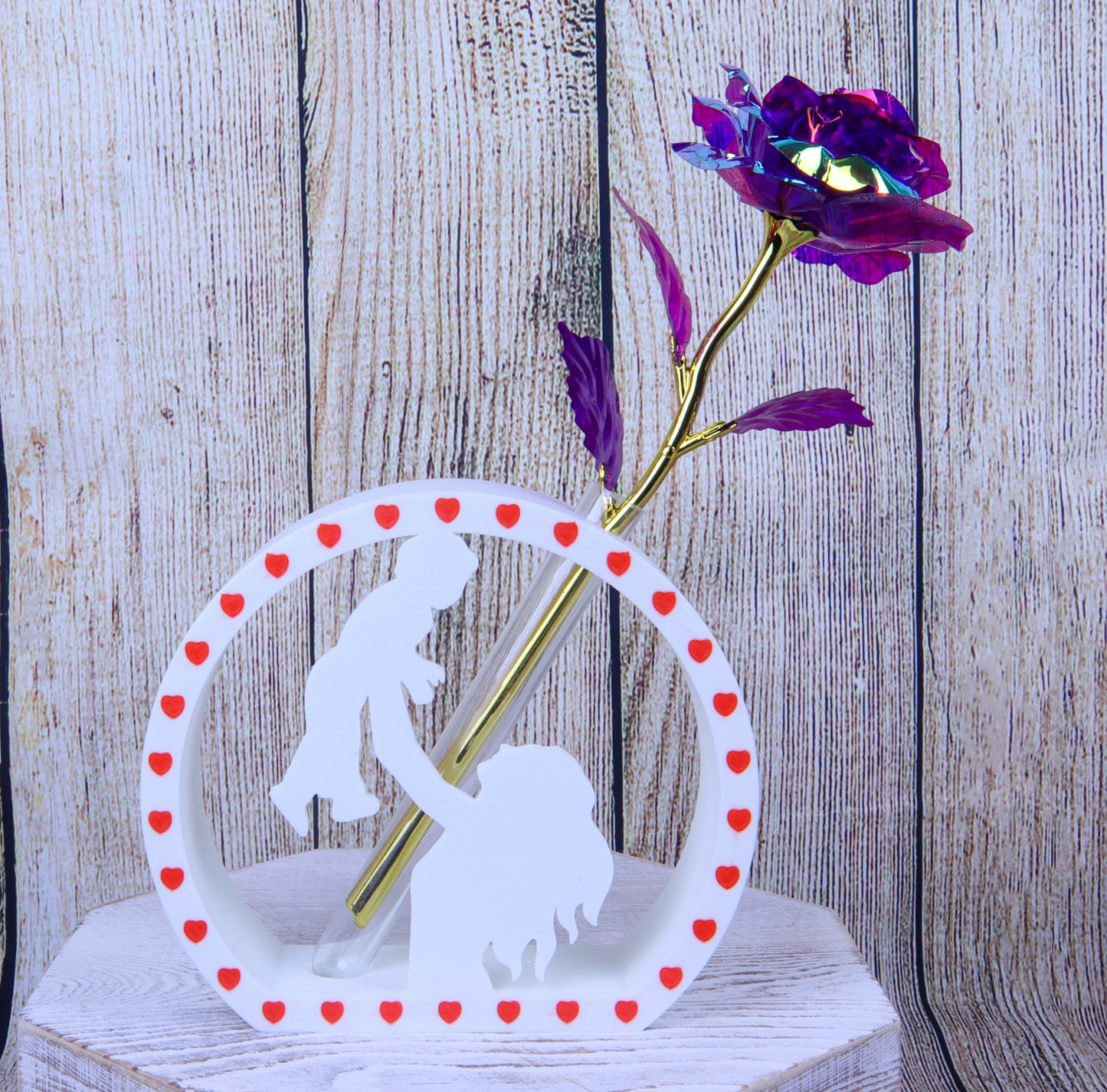 Mother and Child Silhouette Vase with Heart Border, White Decorative Flower Holder, Artificial Galaxy Rose