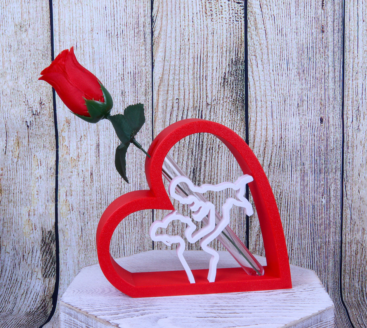 Romantic Heart-Shaped Flower Vase Display Stand with Mother and Baby Design, Red and White, Artificial Galaxy Rose Included