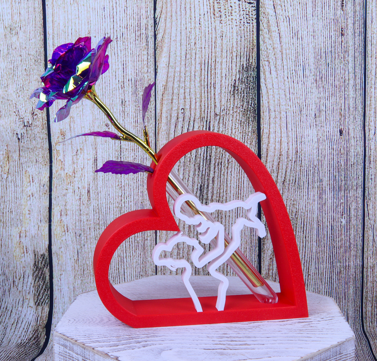 Romantic Heart-Shaped Flower Vase Display Stand with Mother and Baby Design, Red and White, Artificial Galaxy Rose Included