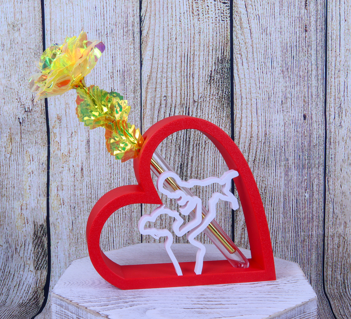 Romantic Heart-Shaped Flower Vase Display Stand with Mother and Baby Design, Red and White, Artificial Galaxy Rose Included