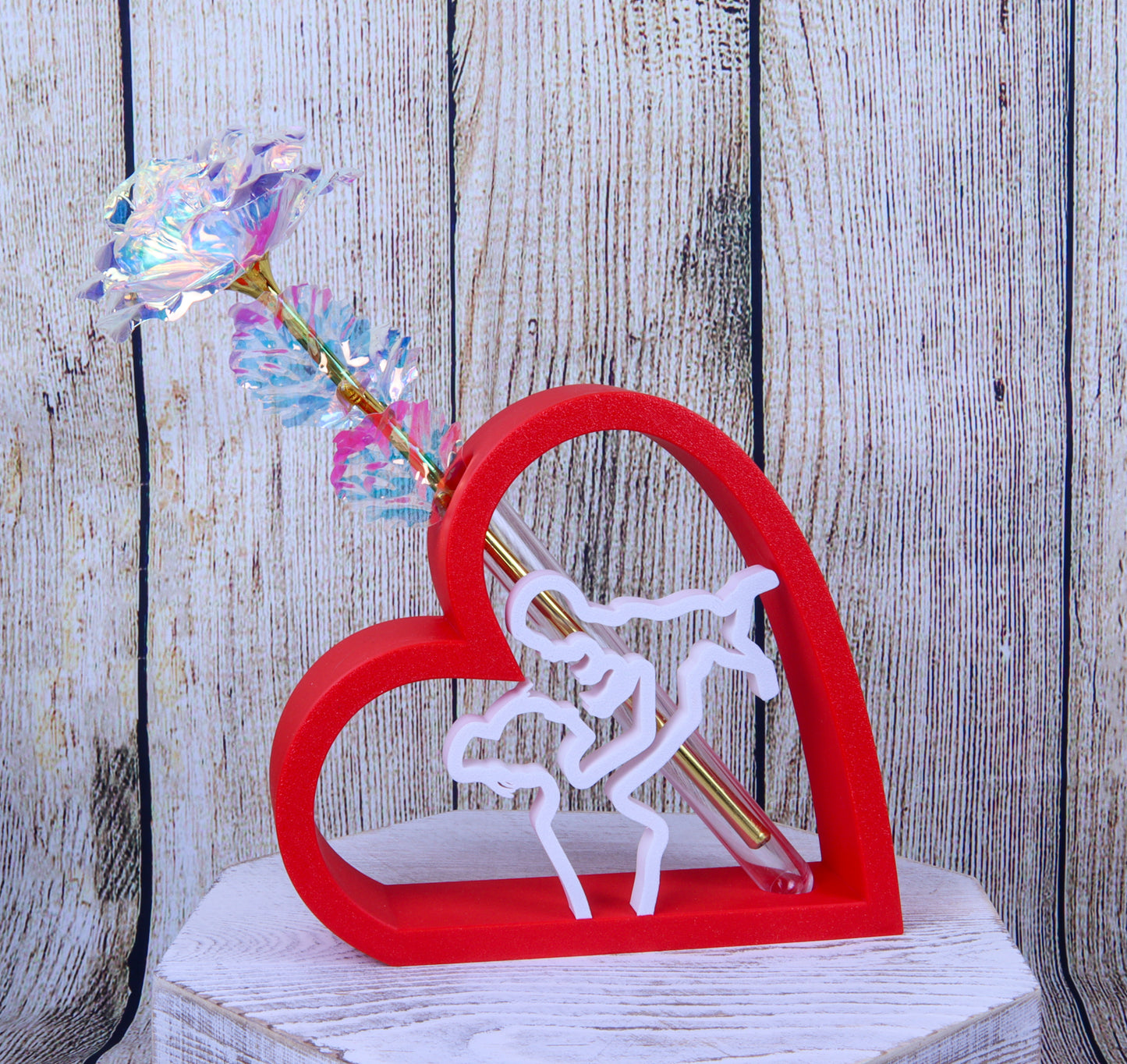 Romantic Heart-Shaped Flower Vase Display Stand with Mother and Baby Design, Red and White, Artificial Galaxy Rose Included