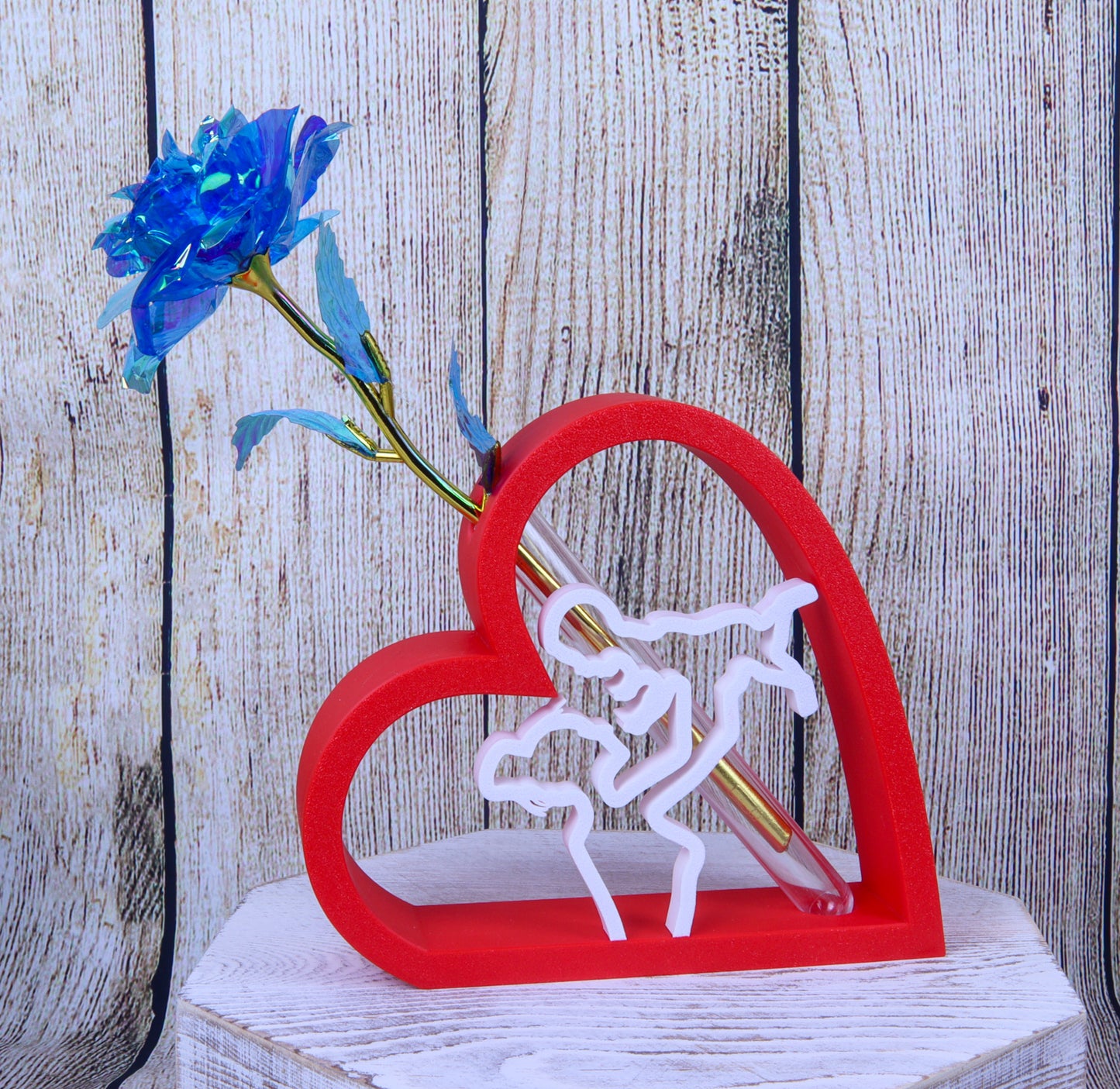 Romantic Heart-Shaped Flower Vase Display Stand with Mother and Baby Design, Red and White, Artificial Galaxy Rose Included