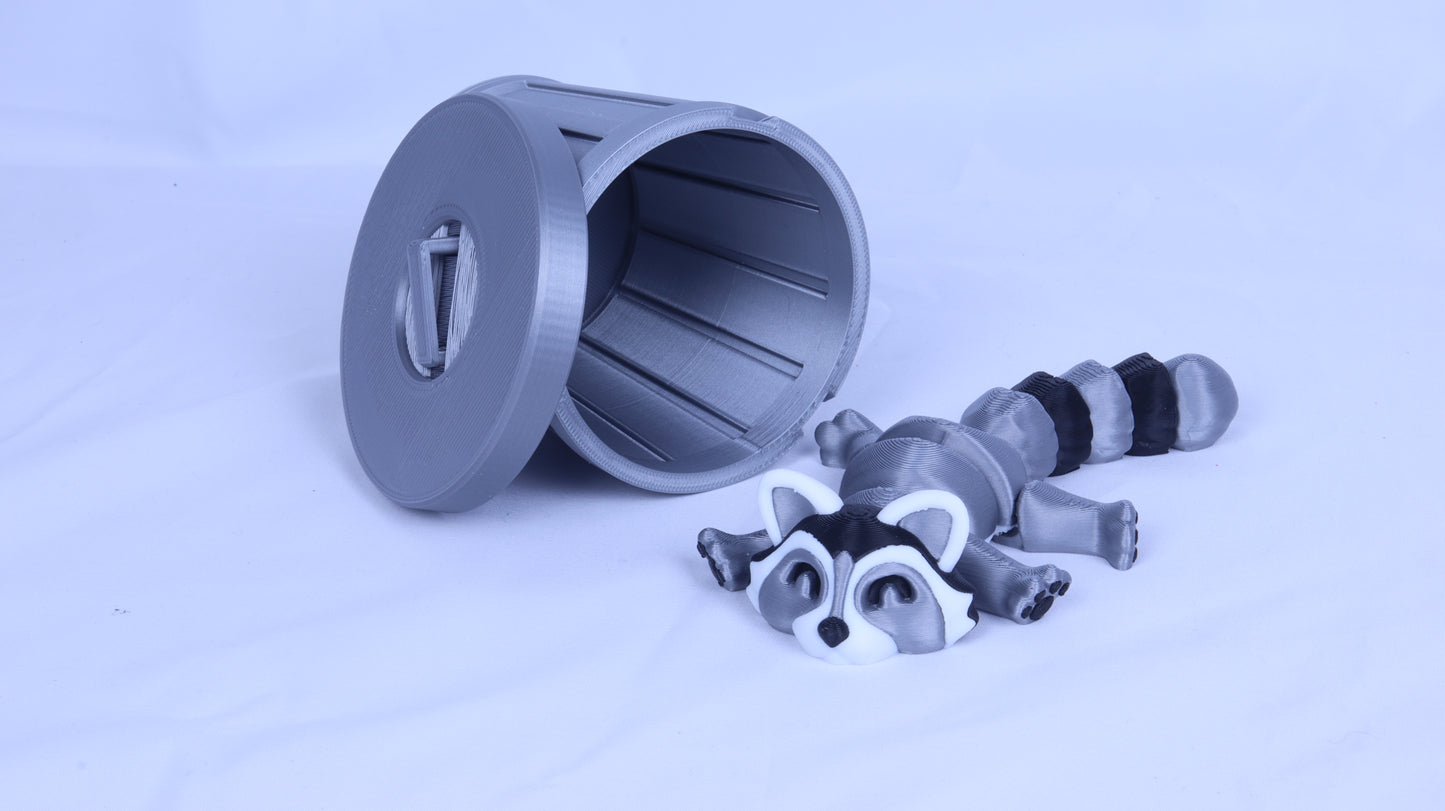 3D Printed Articulated Raccoon with Trash Can & Lid, Decorative Animal Design Toy