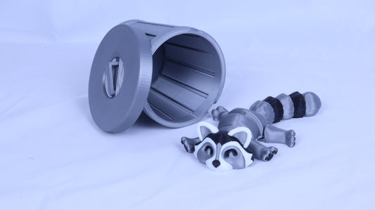 3D Printed Articulated Raccoon with Trash Can & Lid, Decorative Animal Design Toy