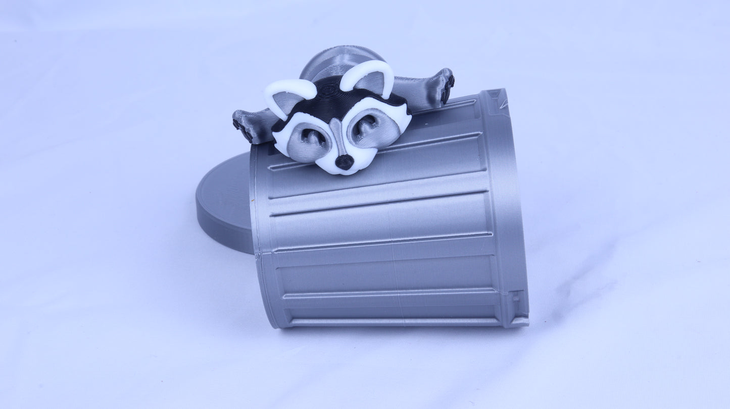 3D Printed Articulated Raccoon with Trash Can & Lid, Decorative Animal Design Toy