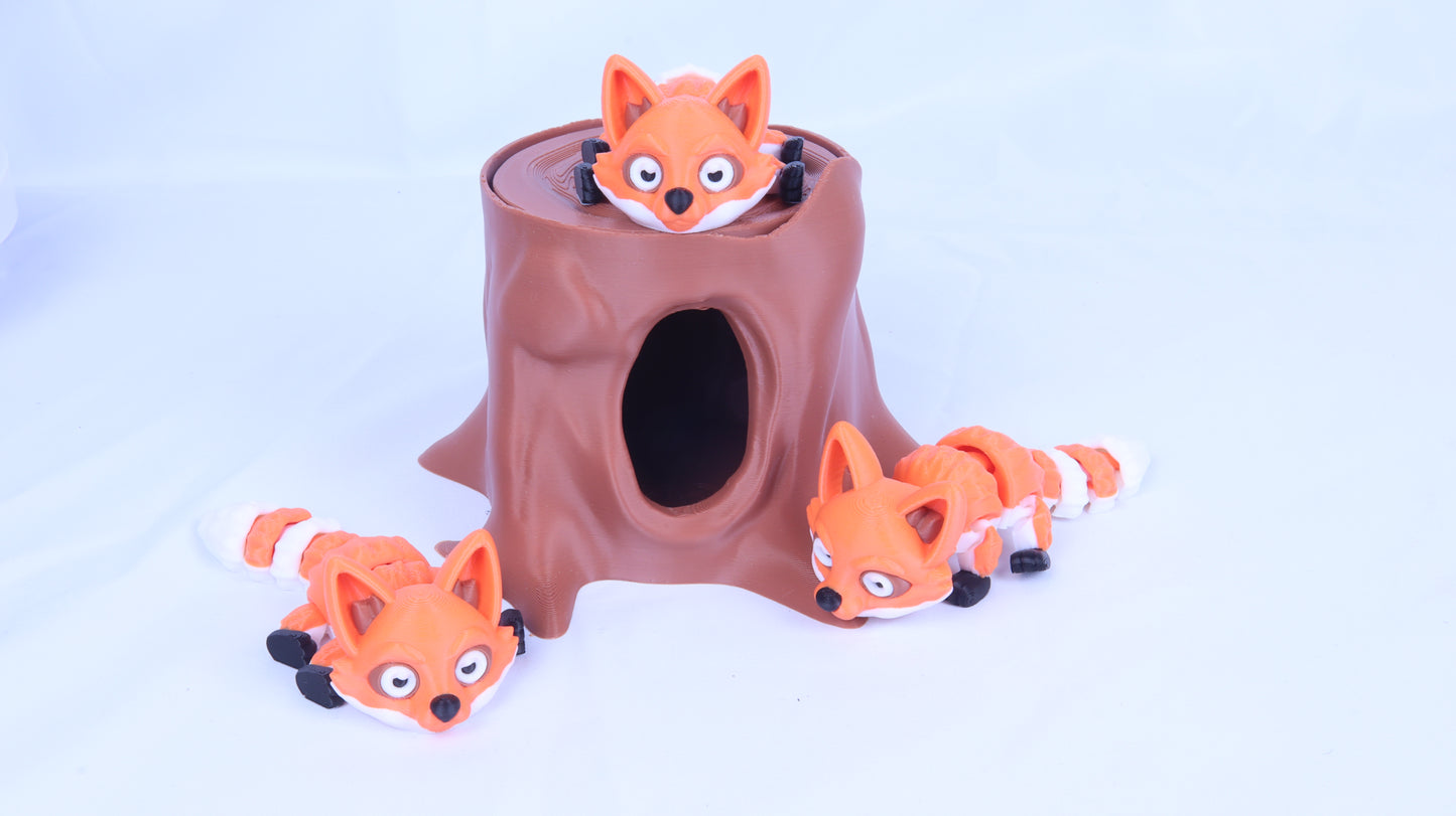3D Printed Tree Stump Den with Fox Toy, Brown,