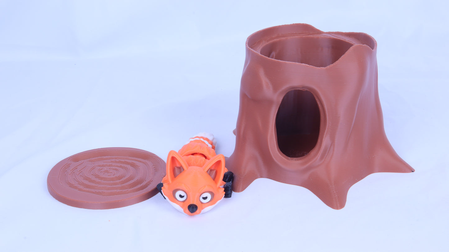 3D Printed Tree Stump Den with Fox Toy, Brown,