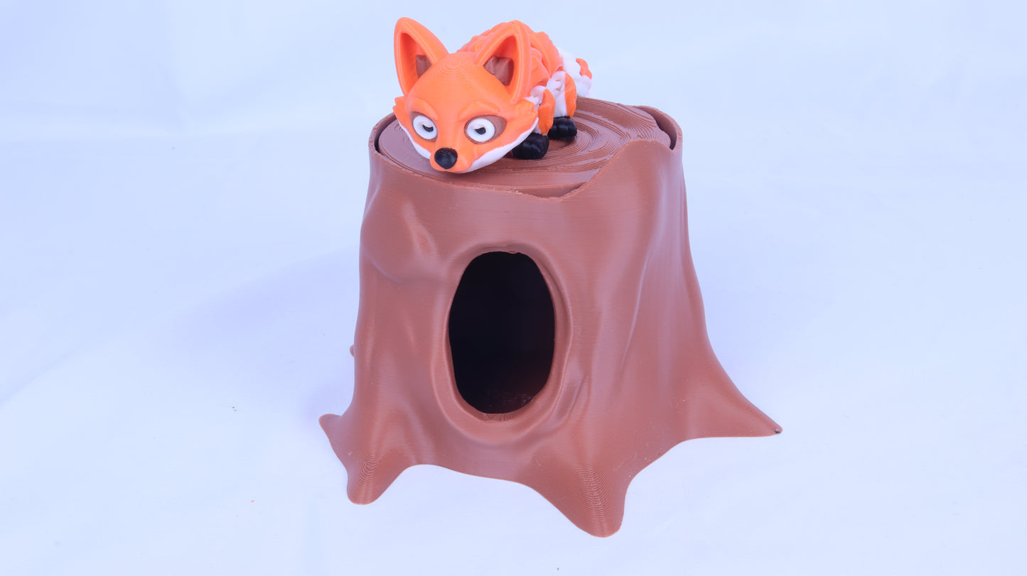 3D Printed Tree Stump Den with Fox Toy, Brown,