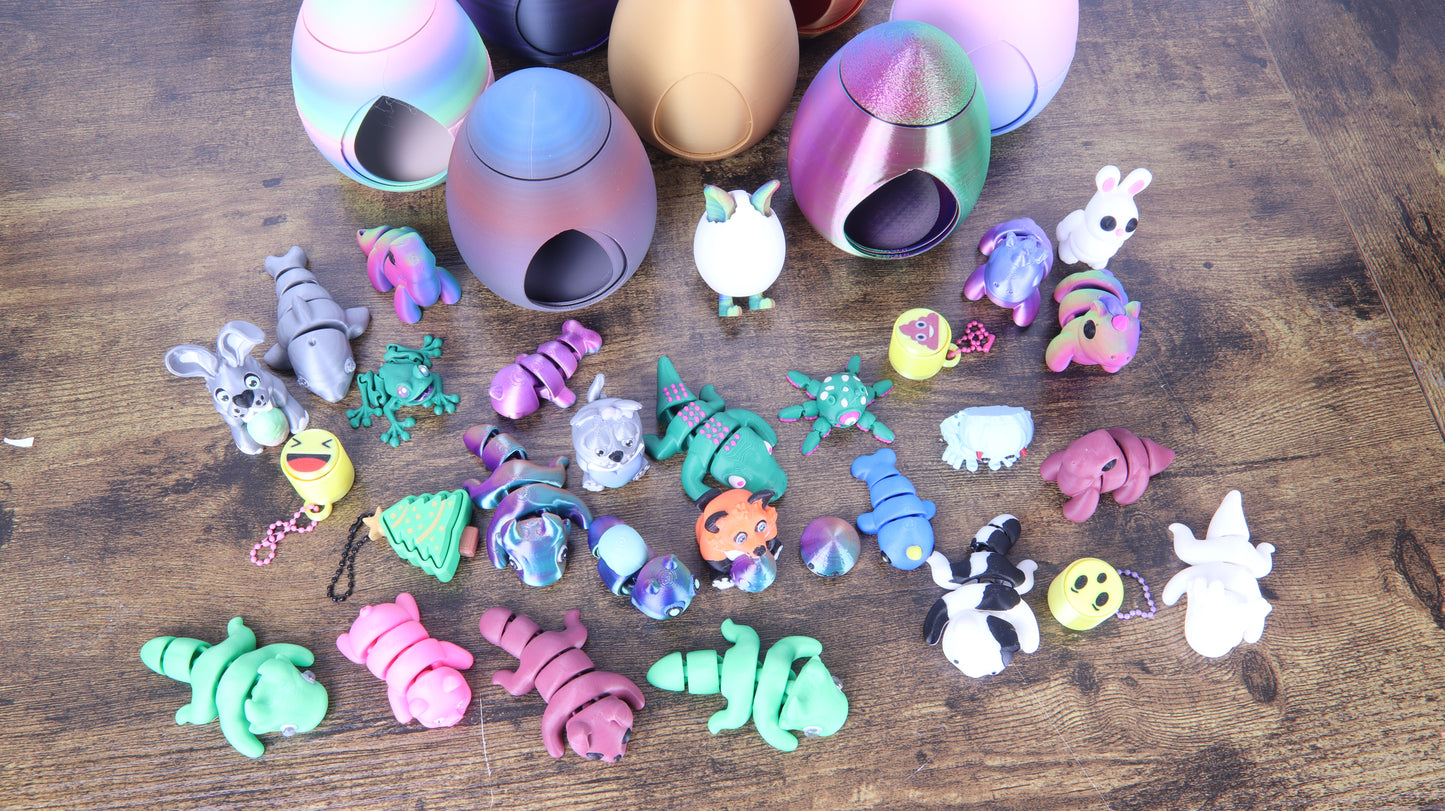 3D Printed Mystery Animal Pack, 10 Pieces, Fun and Unique Articulated Designs with Revolving Egg