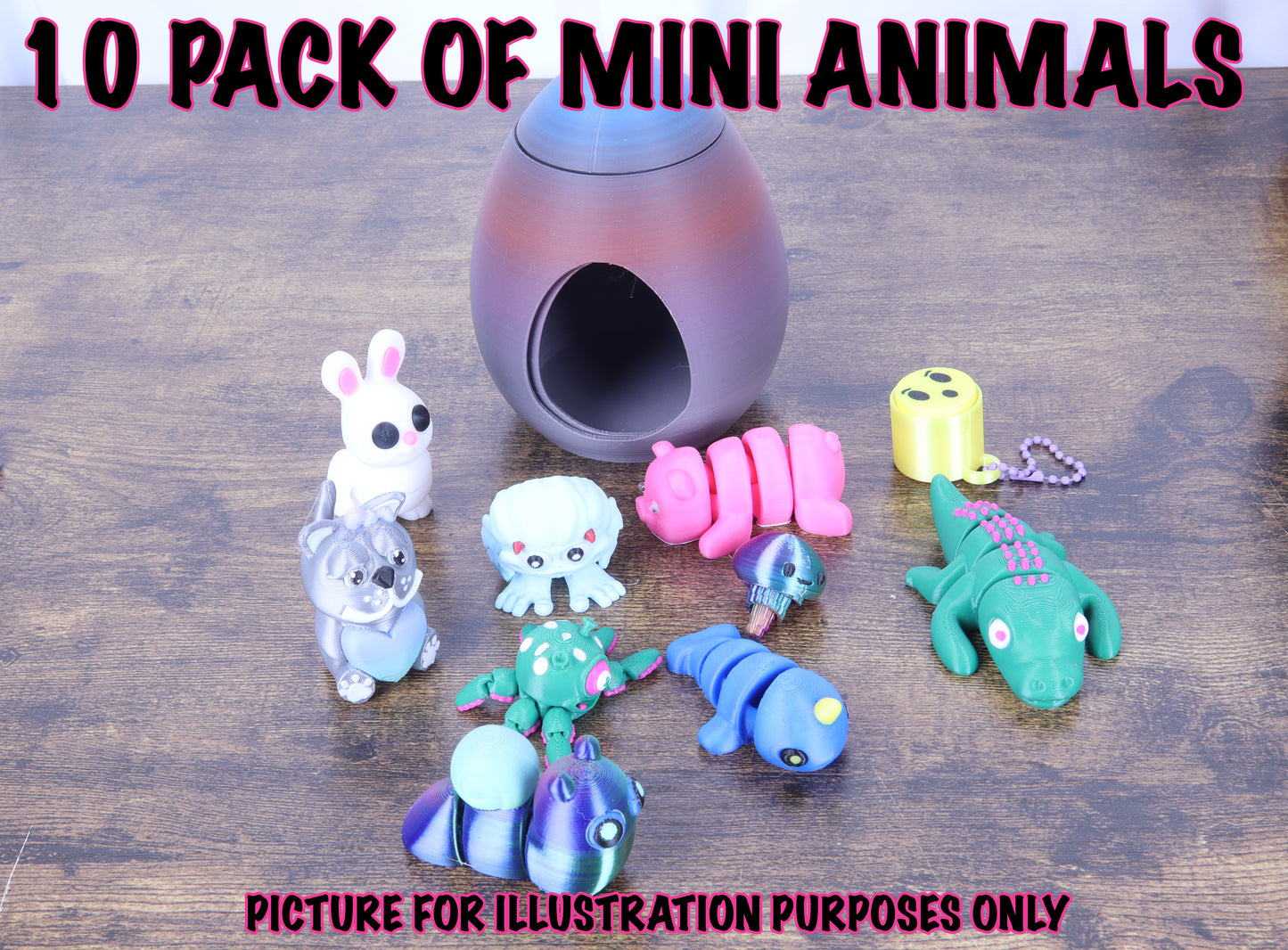 3D Printed Mystery Animal Pack, 10 Pieces, Fun and Unique Articulated Designs with Revolving Egg