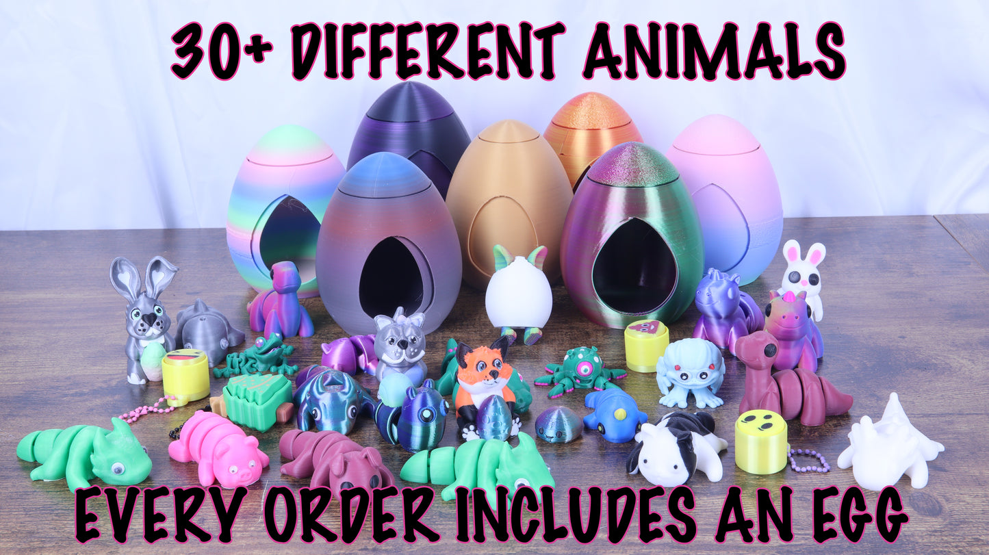 3D Printed Mystery Animal Pack, 10 Pieces, Fun and Unique Articulated Designs with Revolving Egg