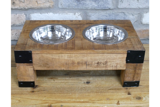Twin Dog Bowl Solid Wood- Metal Brackets Includes 2x Stainless Bowls Rustic