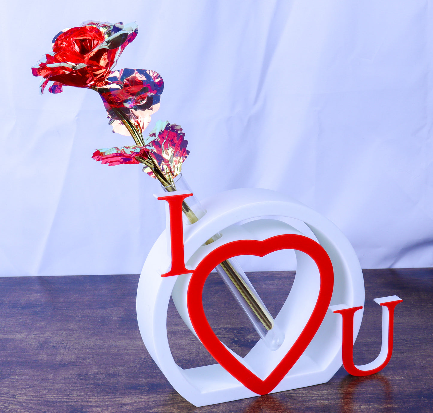 I Love U Heart Single Rose Vase, White and Red with Artificial Galaxy Rose- Various Colours