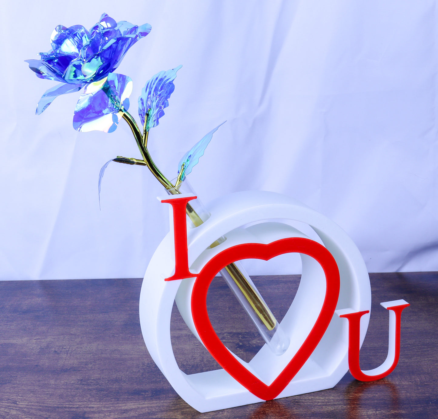 I Love U Heart Single Rose Vase, White and Red with Artificial Galaxy Rose- Various Colours