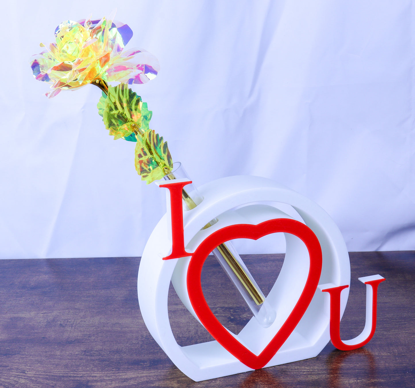 I Love U Heart Single Rose Vase, White and Red with Artificial Galaxy Rose- Various Colours